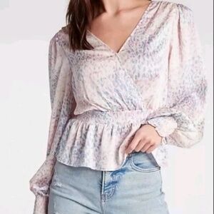 Express Womens Small Tie Back Peplum Top Purple Abstract Print Satin Long Sleeve